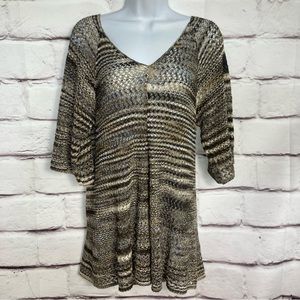 United States Sweater Brown Beige Black SZ L Tunic EUC V Neck Open Weave